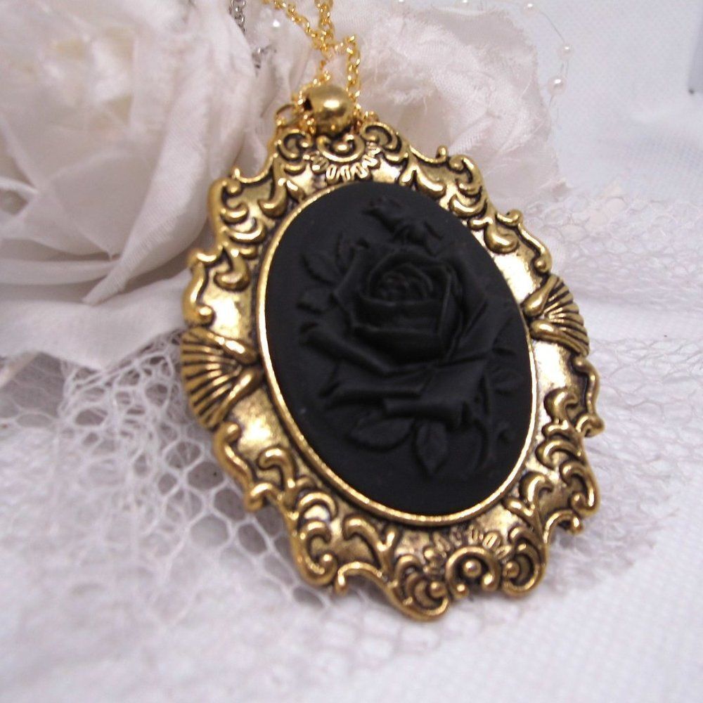 Anniversary Valentine’s Day gift Gold Black on Black Rose Cameo Necklace Pendant